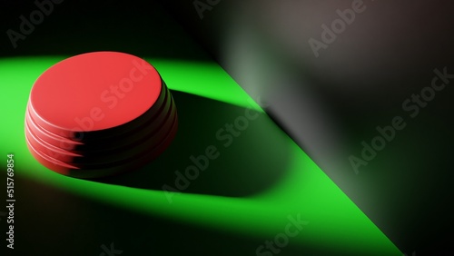 3D rendering. High quality 3d illustration. The platform is seen from above is where products or models can be displayed. Green floor with black wall. Round platform in the center of the room.