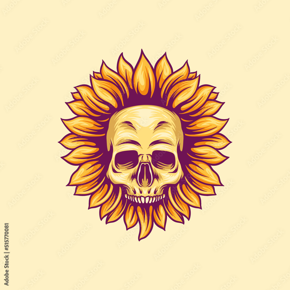 Skull Sun Flower Illustration