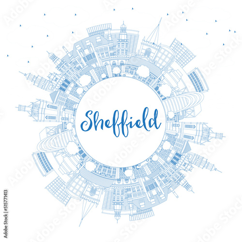 Outline Sheffield UK City Skyline with Blue Buildings and Copy Space.