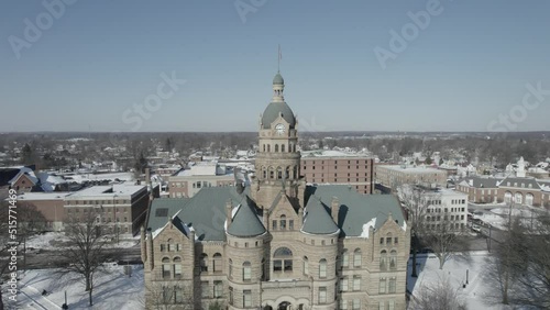 Drone view of Trumbull County Court House Clock tower in the winter.  photo