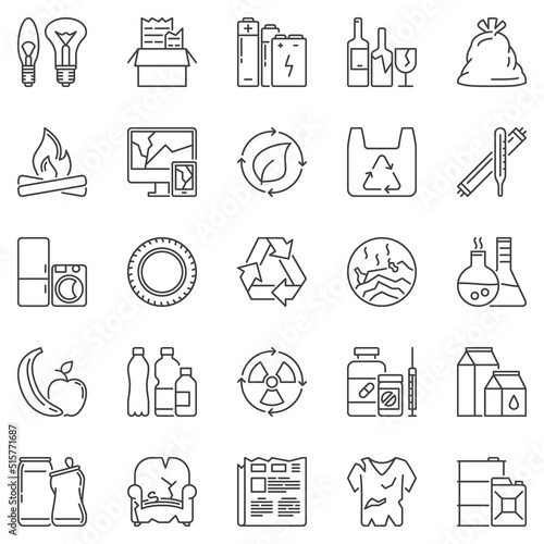 Garbage Types outline icons set - Waste Sorting vector symbols