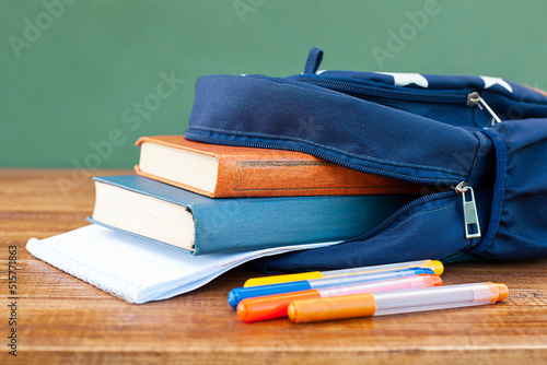 school supplies sticking out of a backpack close-up