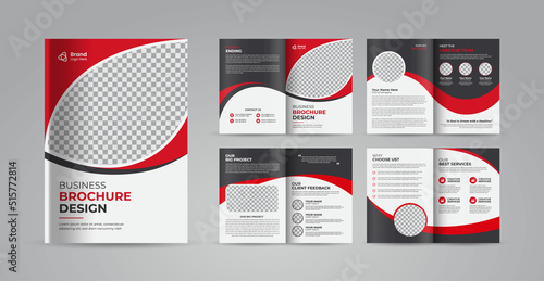 Red business brochure template layout design, 8-page corporate brochure editable template layout, minimal business brochure template design.