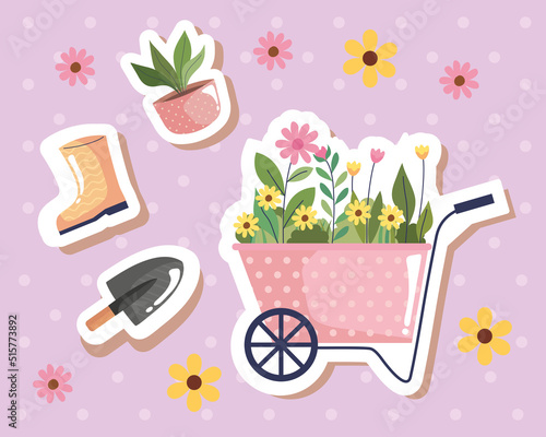 Photo gardening flowers in wheelbarrow