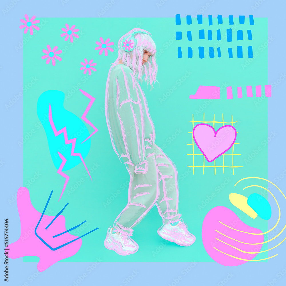Contemporary minimal collage art. Summer Vanilla Dj Girl. Pastel colors design Contemporary minimal collage art. Summer Vanilla Dj Girl. Pastel colors design