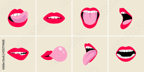 Set of open female human mouth, tongue, teeth in modern flat, line style. Hand drawn vector illustration of sexy lips, sticking out, lip biting, scream, passion. Fashion patch, badge, emblem, sticker