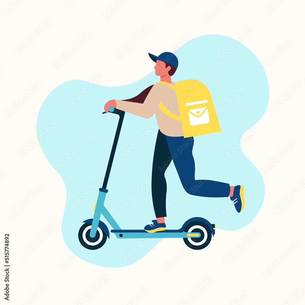 Delivery of goods, a man in a cap on a scooter delivers a parcel to customers Delivery of goods, a man in a cap on a scooter delivers a parcel to customers