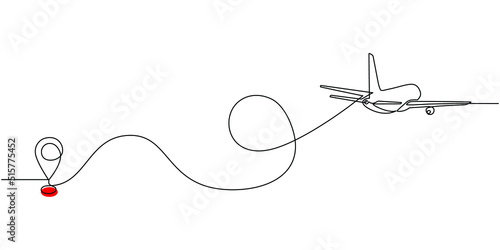 Continuous line drawing of aircraft flight routes and airport destinations. airplane line path icon of airplane flight route with starting point location and single line trail in doodle style.