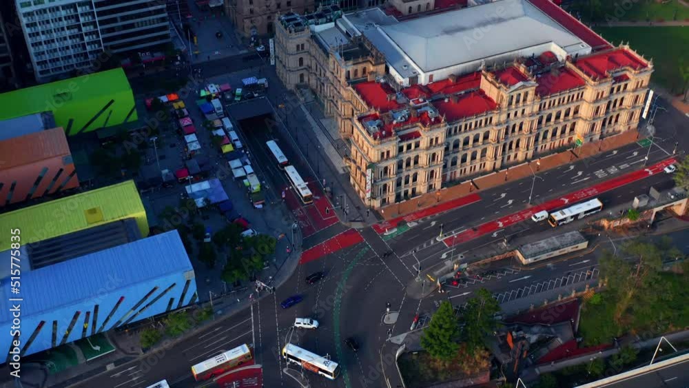Hotels And Apartments In Brisbane CBD With Queen's Wharf Construction Site Revealed. aerial drone, tilt panning Hotels And Apartments In Brisbane CBD With Queen's Wharf Construction Site Revealed. aerial drone, tilt panning