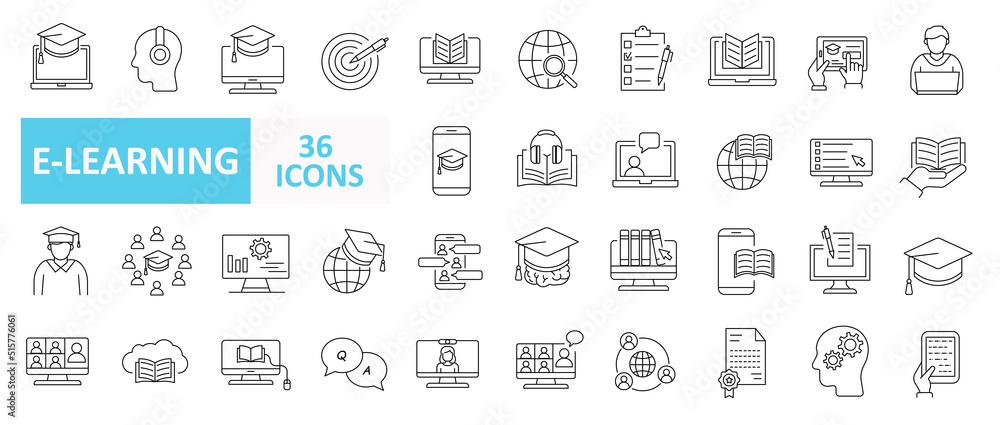 set of 36 online education and e-learning line icons. Distance learning collection outline icons collection. set of 36 online education and e-learning line icons. Distance learning collection outline icons collection.