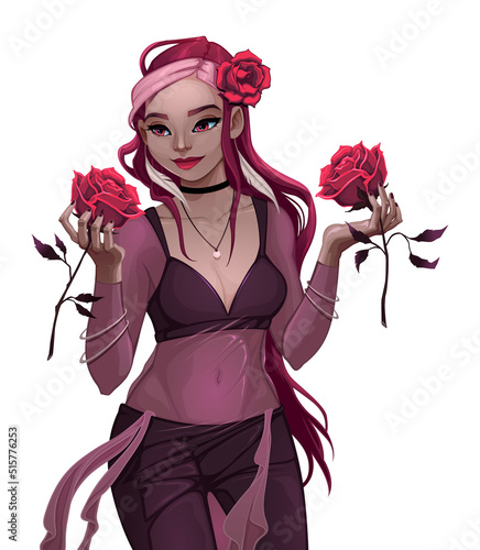 Beautiful woman with red roses. Vector cartoon illustration. 