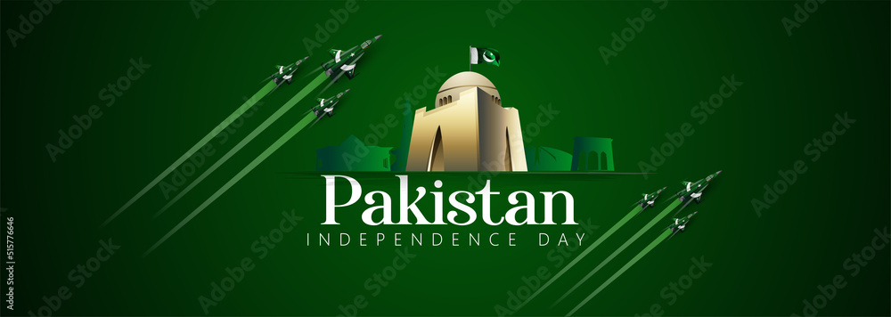 Celebrating Pakistan Independence Day 3D text 14 August, waving  flag on green background - obrazy, fototapety, plakaty 