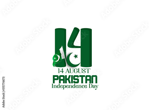 Celebrating Pakistan Independence Day 3D text 14 August, waving flag on green background