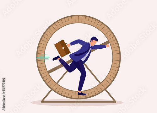 Stressful Work-Life Concept. One Stressful Man In Business Suit Running On Hamster Wheel. Full Length. Flat Design Style, Character, Cartoon.