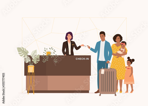 Black Family With Two Children Checking-In At Luxury Hotel With  A Friendly Female Receptionist At Front Desk. Full Length. Character, Cartoon.