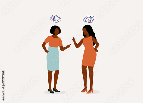 Two Angry Black Woman Quarrelling With Finger Pointing At Each Other. Full Length. Flat Design Style, Character, Cartoon.