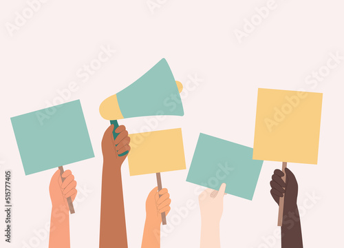 Diverse Group Of Human’s Hands Holding Loudspeaker And Banners. Close-Up. Flat Design Style, Character, Cartoon.