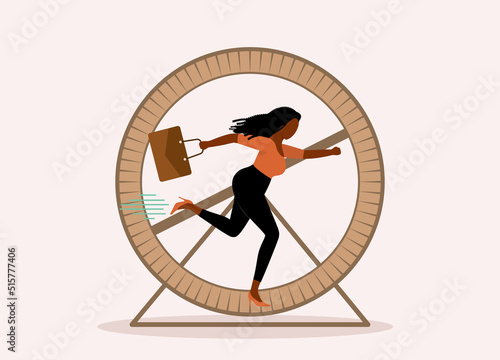 Stressful Work-Life Concept. One Stressful Woman In Businesswear Running On Hamster Wheel. Full Length. Flat Design Style, Character, Cartoon.