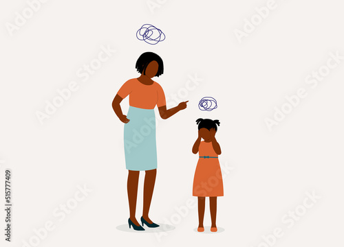Angry Black Mother Scolding Her Young Daughter. Rebellious Little Girl Do Not Want To Listen To Her Mother. Full Length. Flat Design Style, Character, Cartoon.