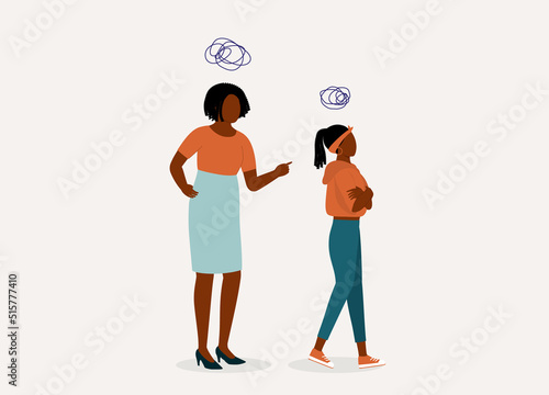 Angry Black Mother Nagging Her Teenage Daughter. Rebellious Teenage Girl With Arms Crossed Walking Away And Feeling Annoyed. Full Length. Flat Design Style, Character, Cartoon.