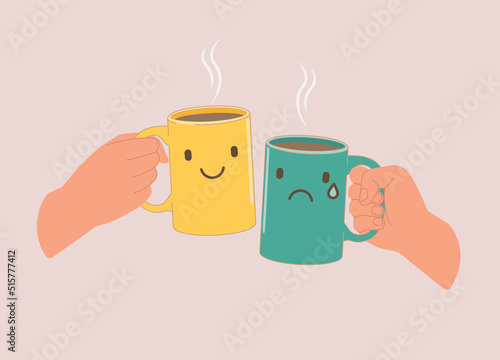 Friendship Cheering And Support Concept. Two Hands Toasting Hot Coffee Drink In Yellow Porcelain Mug With Smiley Face And Green Porcelain Mug With Sad Face Symbol In Front. Close-Up. Flat Design Style