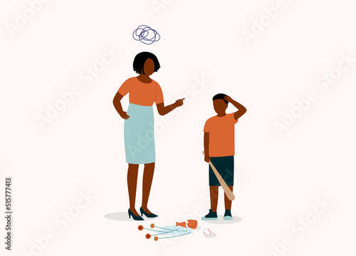 Angry Black Mother Scolding Her Naughty Son. Boy Broke His Mother Flower Vase While Playing With His Baseball. Full Length. Flat Design Style, Character, Cartoon.