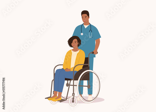 Smiling Black Male Nurse Pushing Wheelchair With Disabled Young Woman. Full Length. Character, Cartoon.