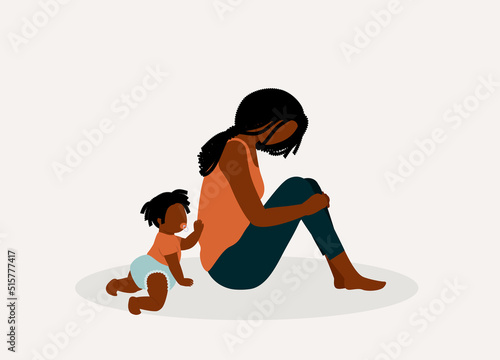 Black Mother With Postpartum Depression Sitting On Floor Neglecting Her Baby Girl Who Is Trying To Reach To Her. Full Length. Flat Design Style, Character, Cartoon.