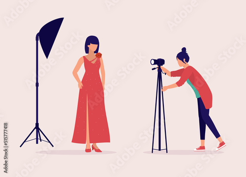 Young Woman Fashion Photographer Taking Photograph Of A Female Model Dressed In Elegant Evening Gown. Full Length. Flat Design Style, Character, Cartoon.