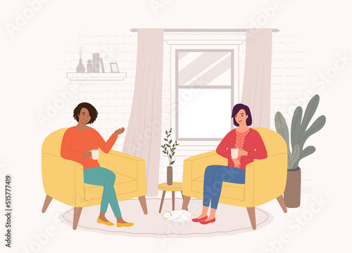 Two Smiling Female Friend With Different Ethnicity Chatting With Each Other While Having Hot Drink In The Living Room. Full Length. Character, Cartoon.