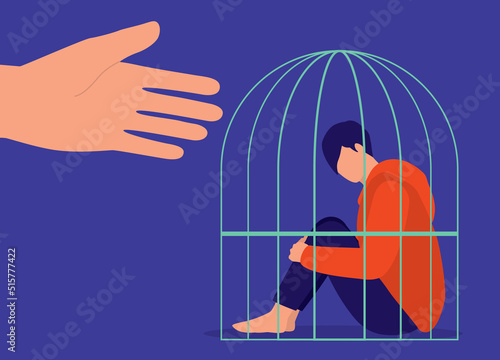 Mental Health Support Concept. Depression Man Sitting Inside Prison Cage With Hugging Knees And Head Down Waiting For A Helping Hand. Flat Design Style, Character, Cartoon.
