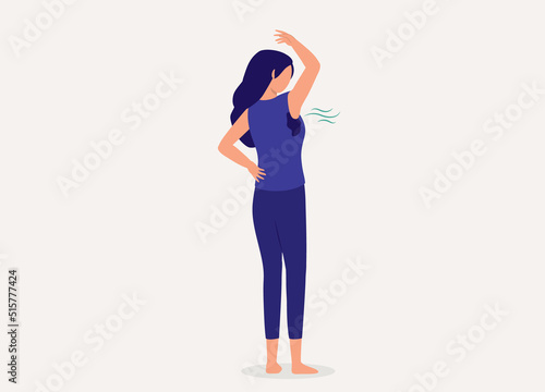 One Young Woman With Sweaty And Smelly Armpits. Body Odour. Sweaty Pits. Full Length. Flat Design Style, Character, Cartoon.