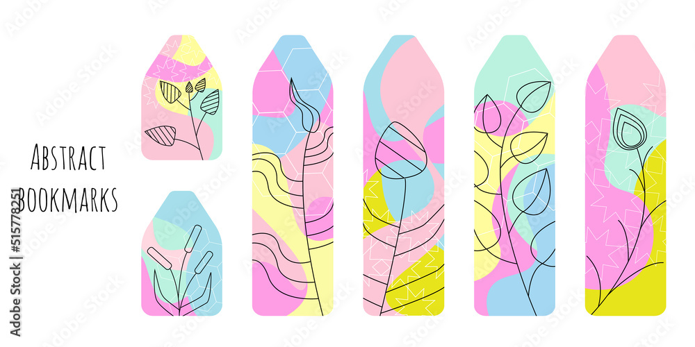 Set of 6 pretty bookmarks with neon colors spots and decorative elements. Bookmark templates for reading. Line botanical illustration. Bright and positive colors. Isolated on white background.