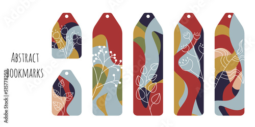 Set of 6 bookmarks with colored spots and decorative elements. Elegant colors palette. Bookmark templates for reading.  White line botanical illustration. Isolated on white background.	