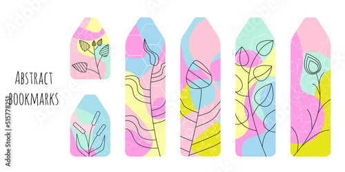 Set of 6 pretty bookmarks with neon colors spots and decorative elements. Bookmark templates for reading. Line botanical illustration. Bright and positive colors. Isolated on white background.