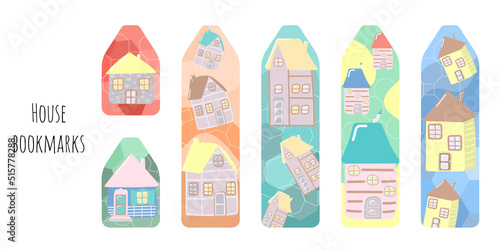 Set of 6 bookmarks and stickers with cute houses. Illustration with color spots. Kids bookmarks for reading. Bright and positive colors.Isolated on white background.