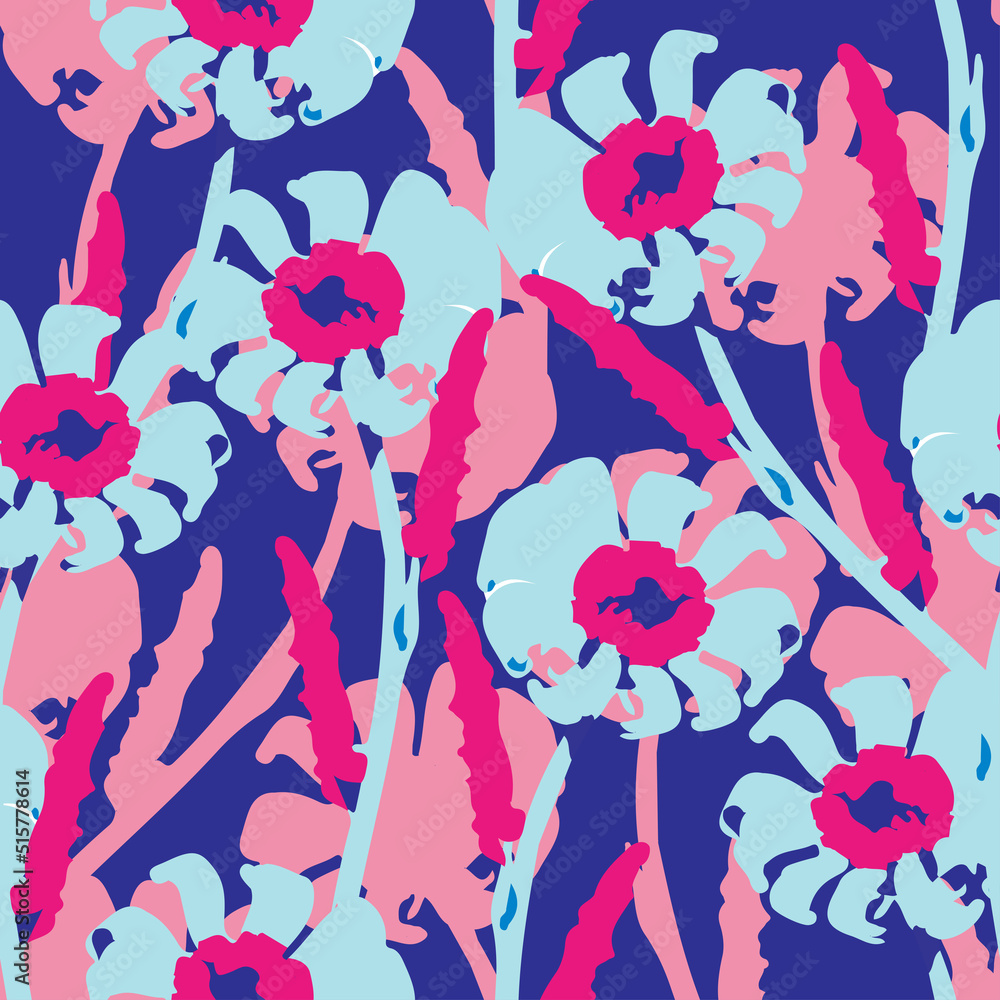 seamless plants pattern background with mixed hand drawn brused flowers , greeting card or fabric