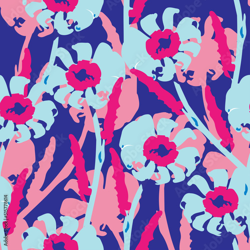seamless plants pattern background with mixed hand drawn brused flowers   greeting card or fabric