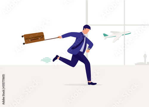 One Stressful Businessman Running Late For His Flight While Looking At His Watch At The Airport. Full Length. Flat Design Style, Character, Cartoon.