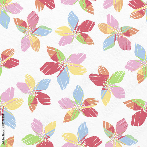 seamless plants pattern on paper background with colourful paint flowers , greeting card or fabric