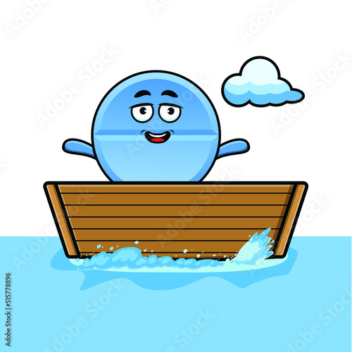 cute cartoon pill medicine get on boat in vector character illustration