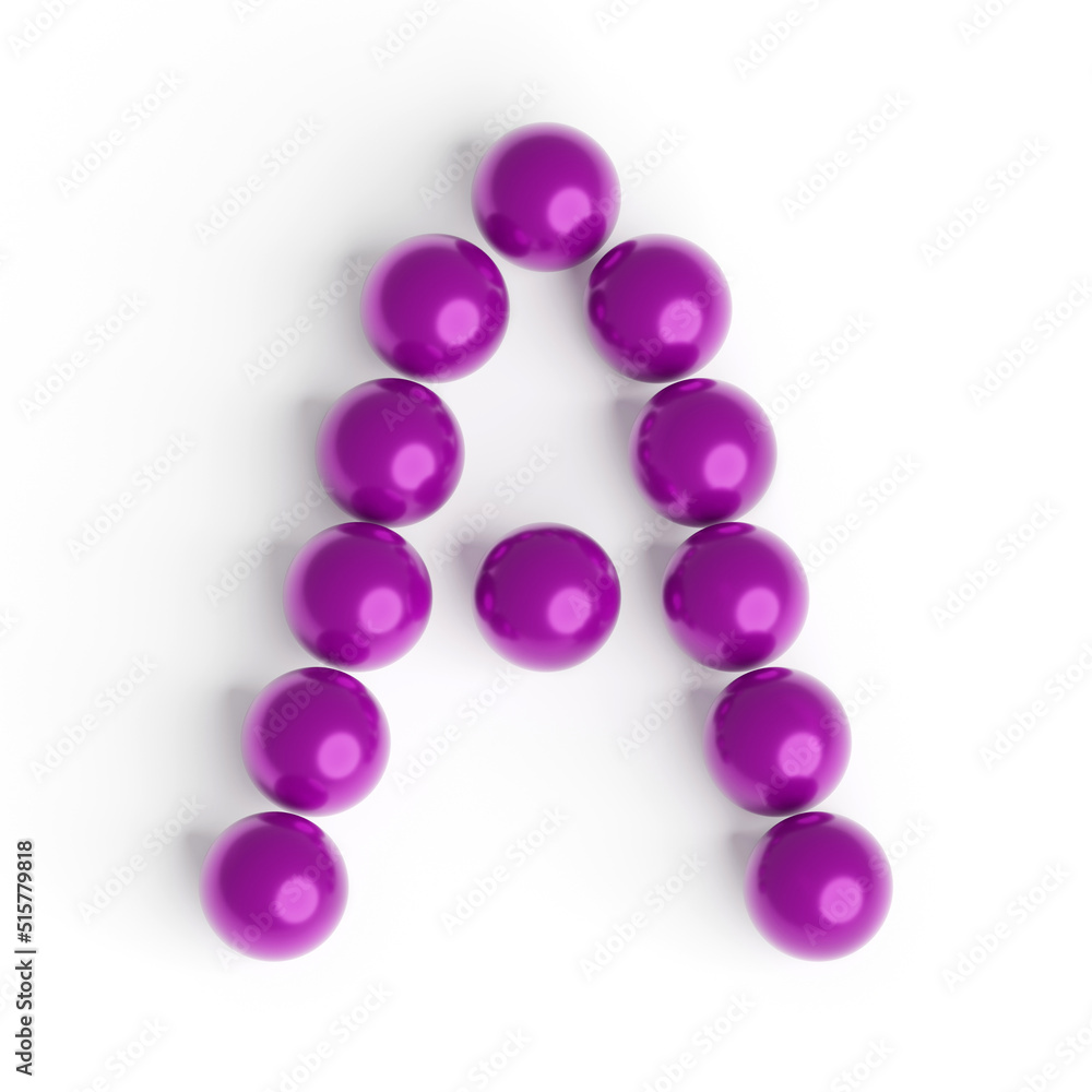Capital letter A from purple balls. Font from shiny glossy balls. 3d illustration. White background. Lettering design element. Bright festive font. Capital letter A from purple balls. Font from shiny glossy balls. 3d illustration. White background. Lettering design element. Bright festive font.