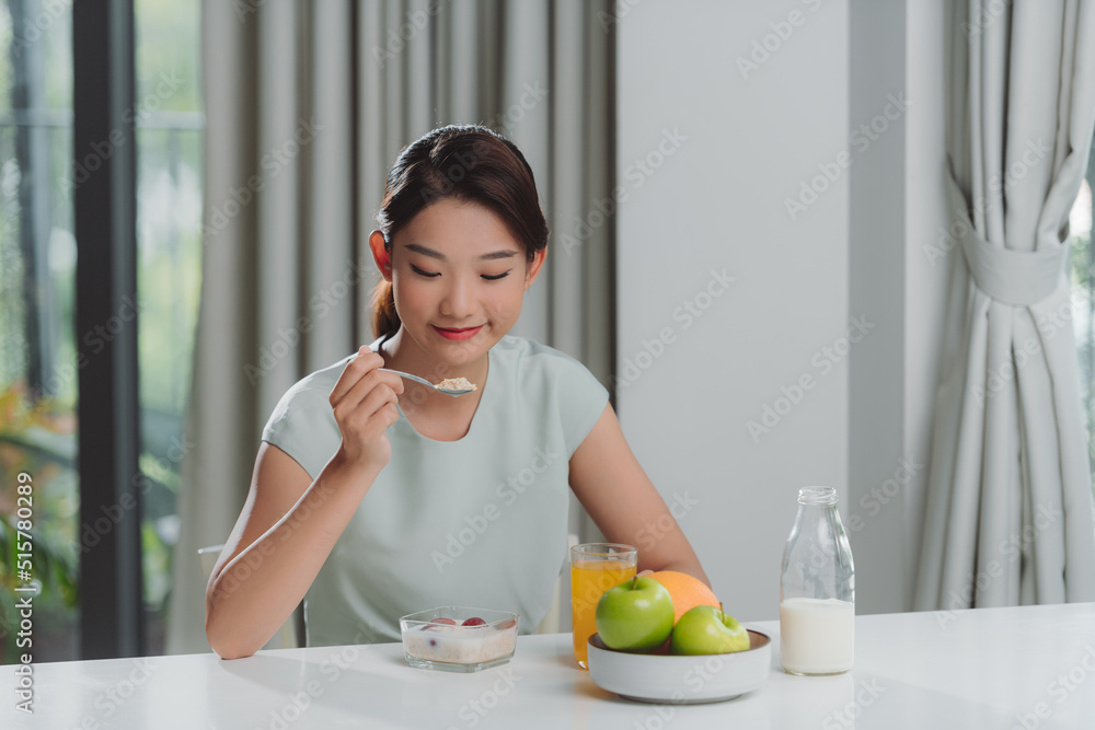 Pretty girl, happy meal eating healthy breakfast in morning, Pretty girl, happy meal eating healthy breakfast in morning,