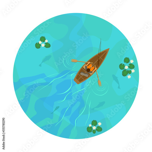 A fisherman with a fishing rod in a wooden boat on the river. Illustration top view