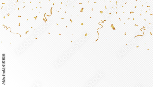 Confetti on a transparent background. Falling shiny golden confetti. Bright golden festive tinsel. Holiday design elements for web banner, poster, flyer, invitation. Vector	