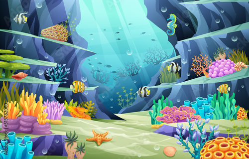 Undersea ocean world illustration. Underwater life with fishes and coral reefs on a blue sea background