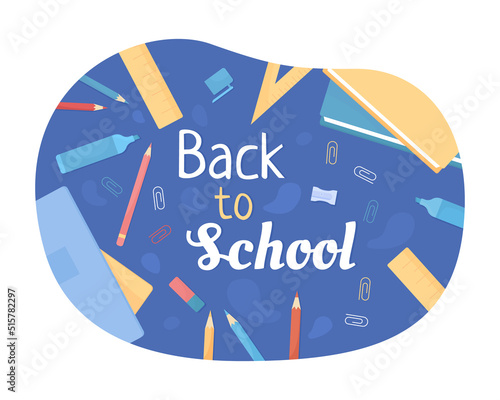 Shopping supplies for school 2D vector isolated illustration. Back to school flat cartoon banner with text. Colourful editable design for mobile, website. Neucha, Oleo Script Swash Caps fonts used