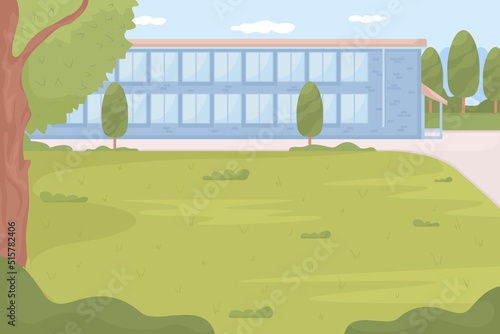 High school surrounded by green schoolyard flat color vector illustration. Learning environment. School facility. Fully editable 2D simple cartoon landscape with school building on background