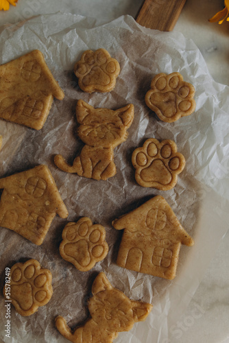 raw whole wheat flour cookies top view. cookies in different forms close-up. cookies in the form of a cat, house and cat or dog paws.