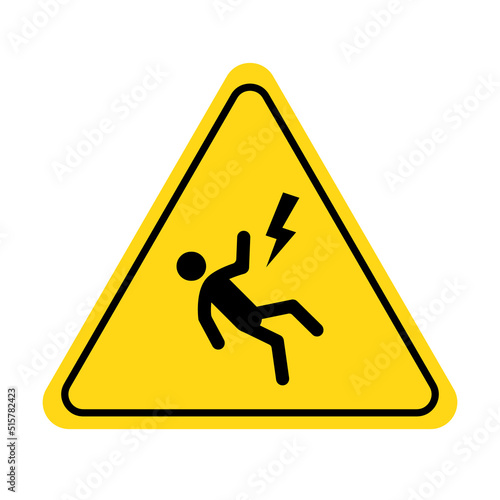 Shock danger icon. Voltage shock caution sign with electric lightning pictogram man. Warning, danger, yellow triangle sign. Vector illustration.